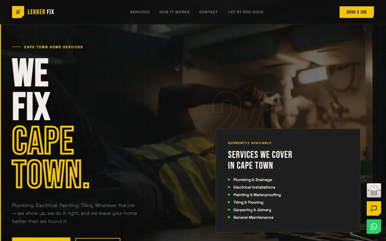 The minimal landing page: a large photo of a plumber at work behind the headline We Fix Cape Town