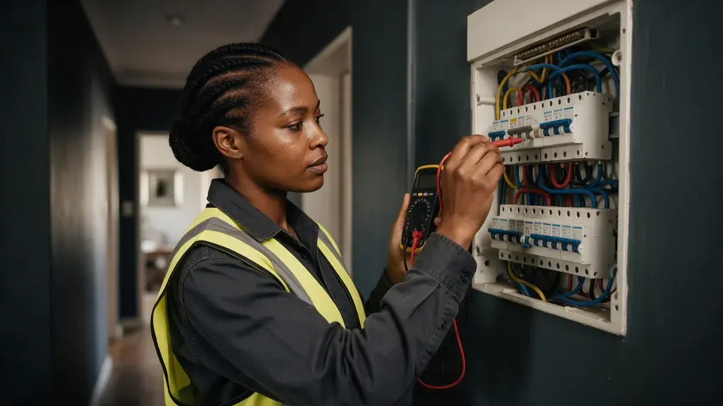 A Lekker Fix electrician in a yellow hi-vis vest testing a household distribution board with a multimeter