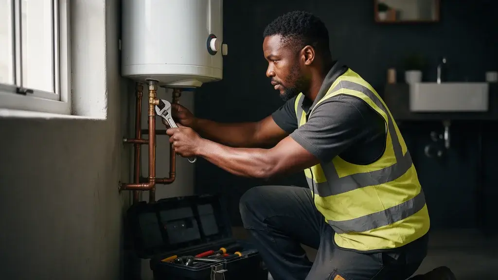 A Lekker Fix plumber in a yellow hi-vis vest tightening a pipe fitting on a home geyser