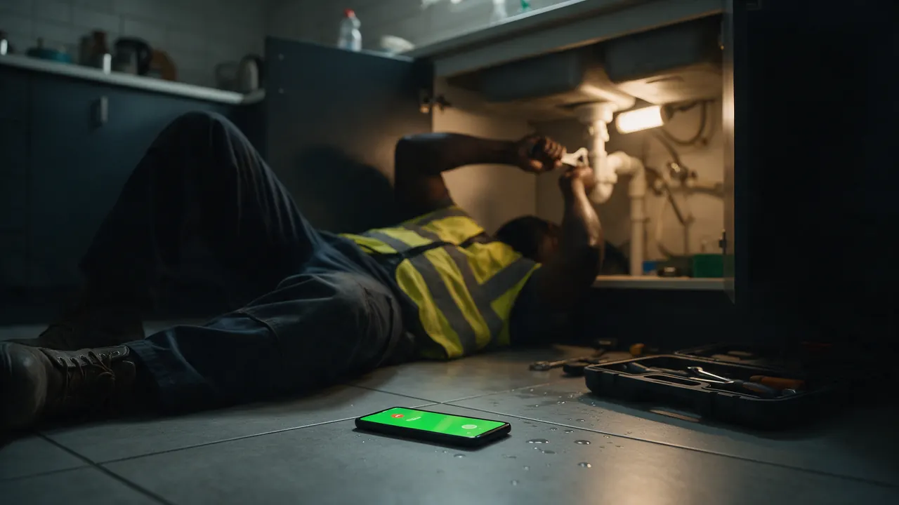 A plumber lies under a kitchen sink with both hands on a pipe while his phone rings unanswered on the floor beside him