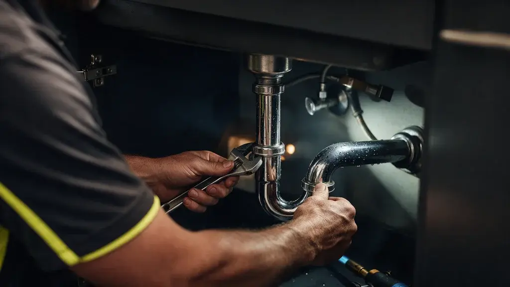 Close view of a plumber's hands fitting a new trap under a kitchen sink